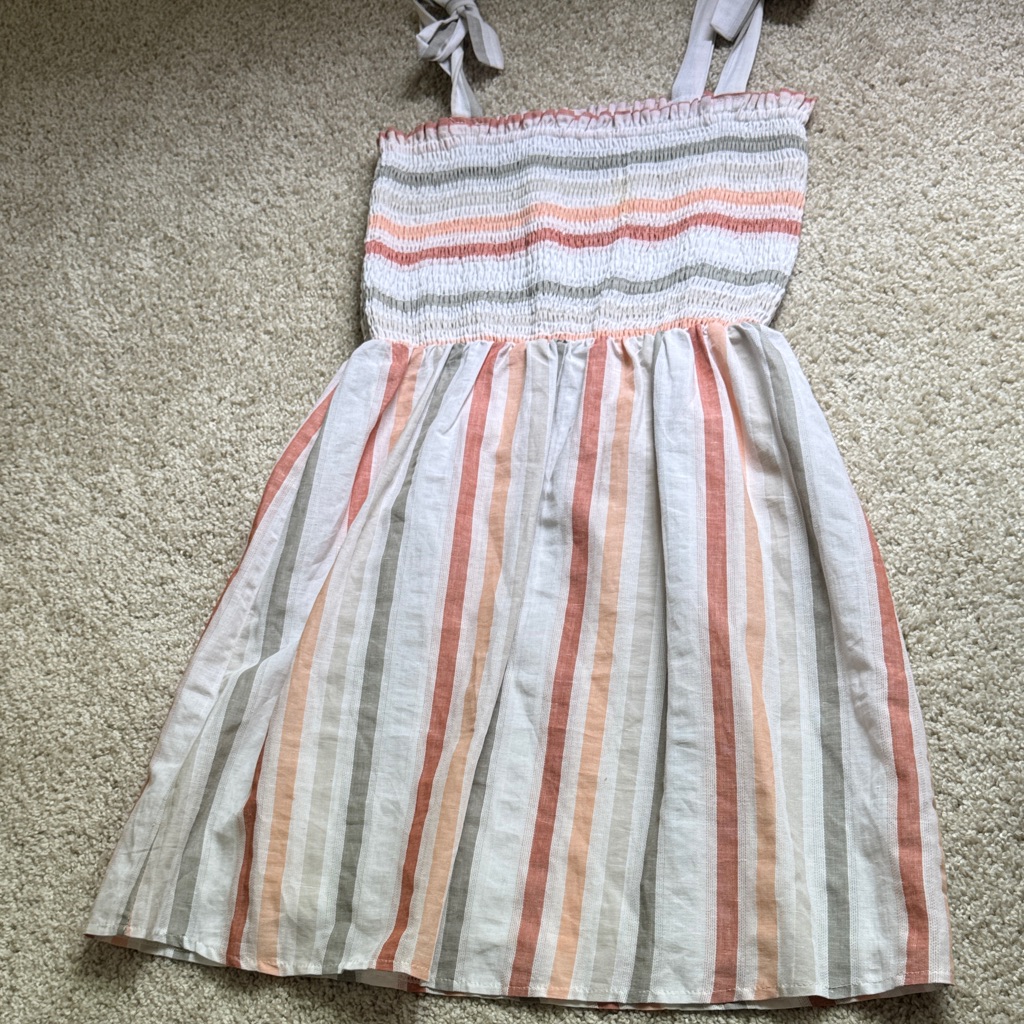 Paper Crane Peach, Cream & Olive-Striped Smocked Sundress